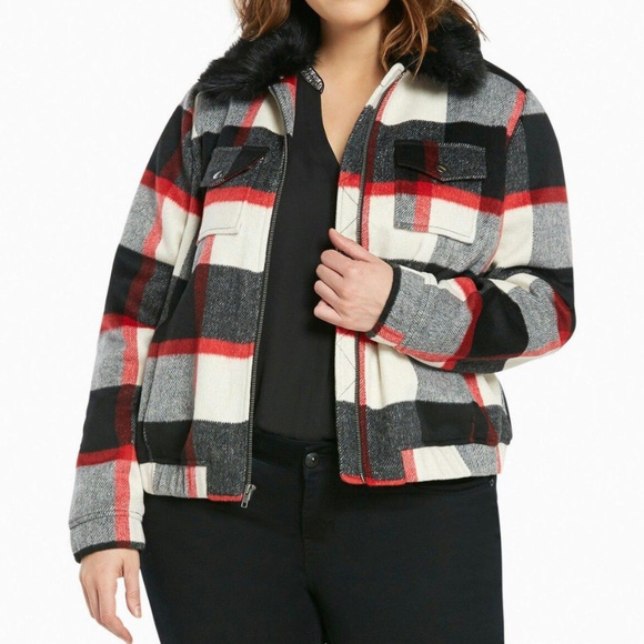 Torrid Plaid Bomber Jacket Coat Faux Fur - Picture 2 of 4